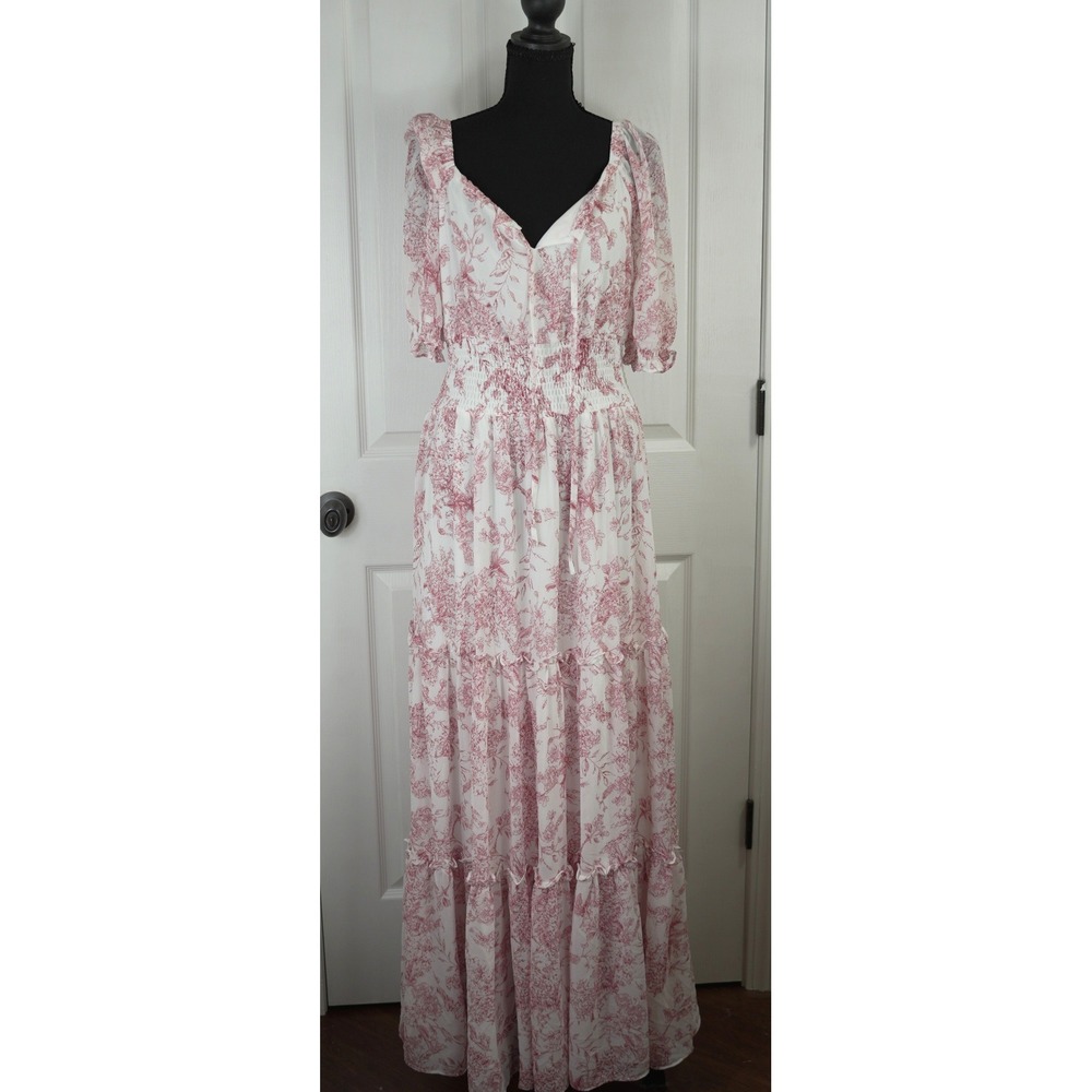 Balticborn Red White Floral Toile Smocked Tiered Maxi Dress Medium Cottagecore